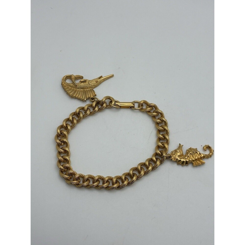 Nautical  Tone Oval Link Chain Charm Bracelet Seahorse Swordfish Toggle 7 in